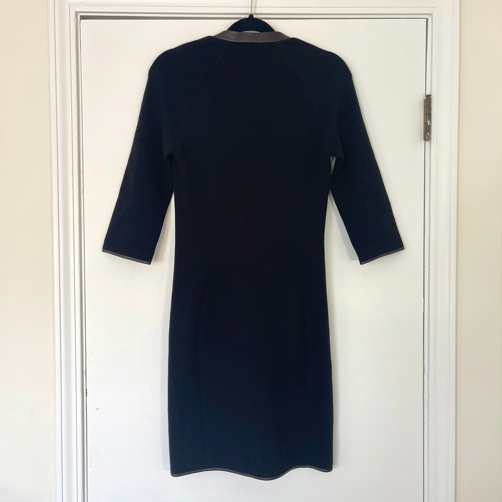 Veronica Beard Zip Front Black Dress Wool Blend Leather Trim V Neck Size 2 - Picture 7 of 9